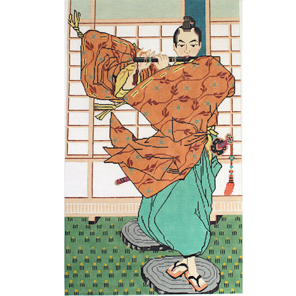 LARGE PRINCELY NEEDLEPOINT CANVAS:  ASIAN THEME FLUTE SAMURAI   BM0
