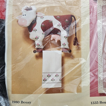 THE CREATIVE CIRCLE STAMPED EMBROIDERY KIT:  1980 BOSSY COW TOWEL & HANGER    LF0