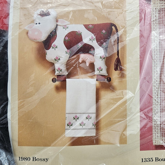 THE CREATIVE CIRCLE STAMPED EMBROIDERY KIT:  1980 BOSSY COW TOWEL & HANGER    LF0