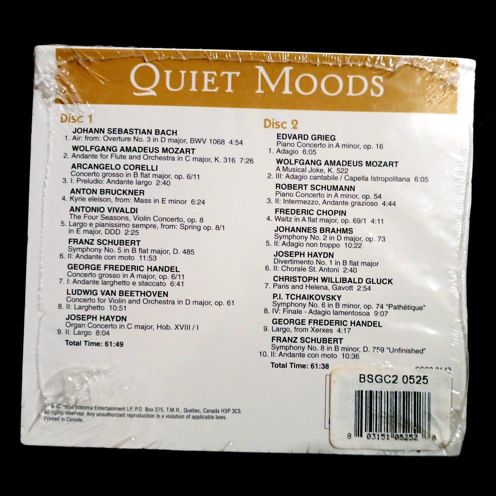QUIET MOODS CLASSICAL MUSIC CD NEW:  BACH TCHAIKOVSKY  STOCKING STUFFER  LF1