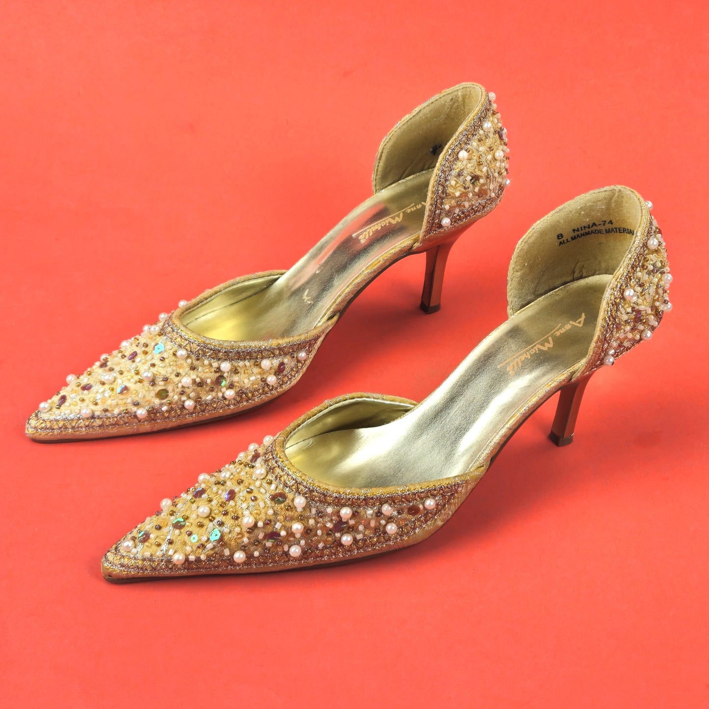 PREOWNED ANNE MICHELLE GLITTERY, SEQUIN, BEADED WOMENS HEELS SHOES SIZE 8   LF1