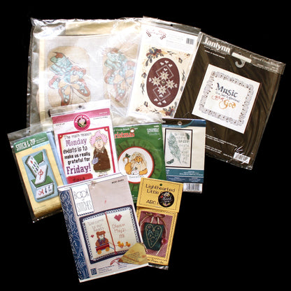 9 CROSS STITCH & 1 NP, EMBROIDERY KIT LOT:  CHRISTMAS, CELL PHONE CASE, BABY  BM0