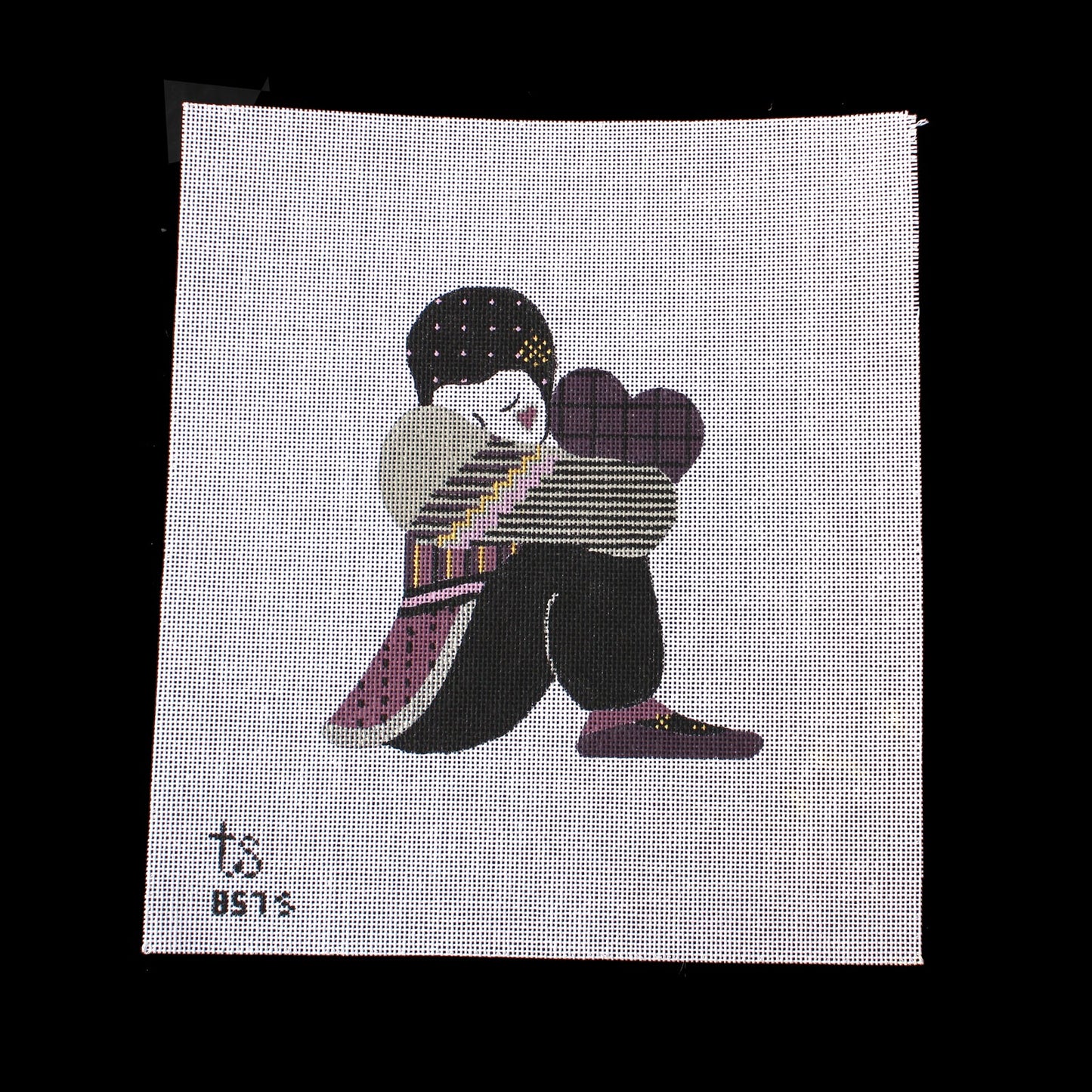 TS DESIGNS HAND PAINTED NEEDLEPOINT CANVAS: HARLEQUIN PIERROT CLOWN W/ HEART BM1