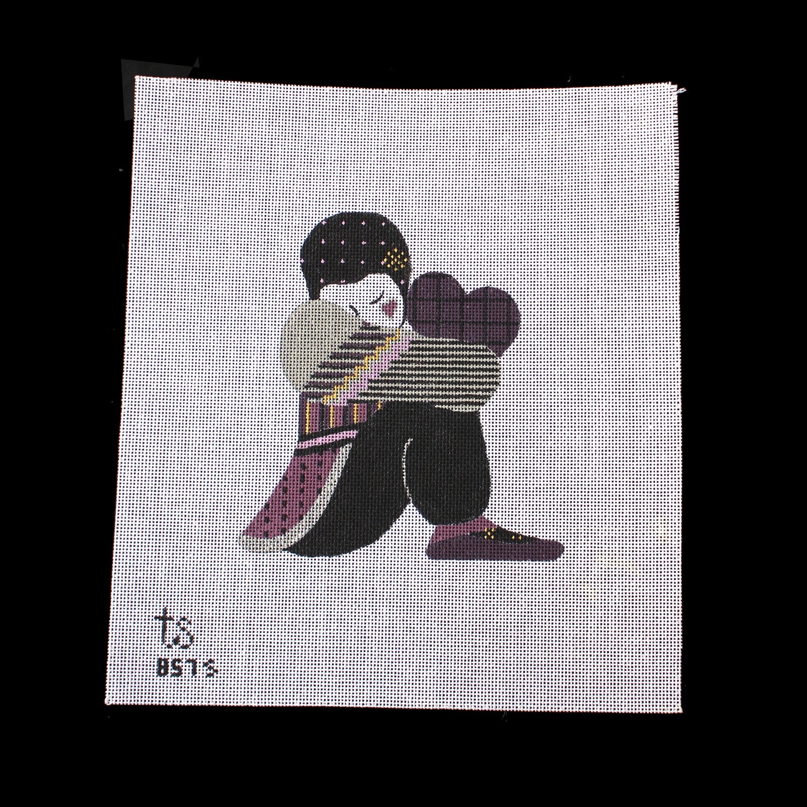 TS DESIGNS HAND PAINTED NEEDLEPOINT CANVAS: HARLEQUIN PIERROT CLOWN W/ HEART BM1