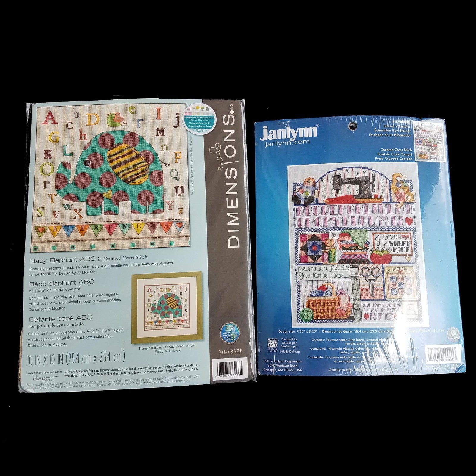 2 COUNTED CROSS STITCH KIT LOT:  STITCHER'S SAMPLER, BABY ELEPHANT  BM0
