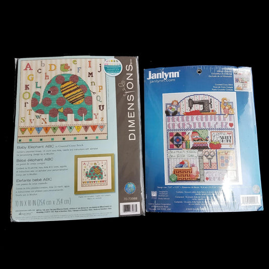 2 COUNTED CROSS STITCH KIT LOT:  STITCHER'S SAMPLER, BABY ELEPHANT  BM0