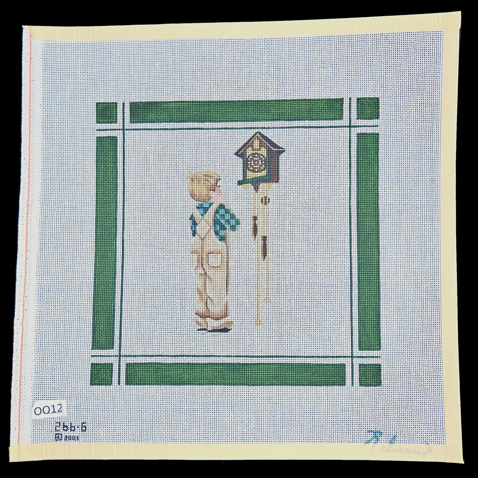 REBECCA HAND PAINTED NEEDLEPOINT CANVAS: BOY & CUCKOO CLOCK     BM1