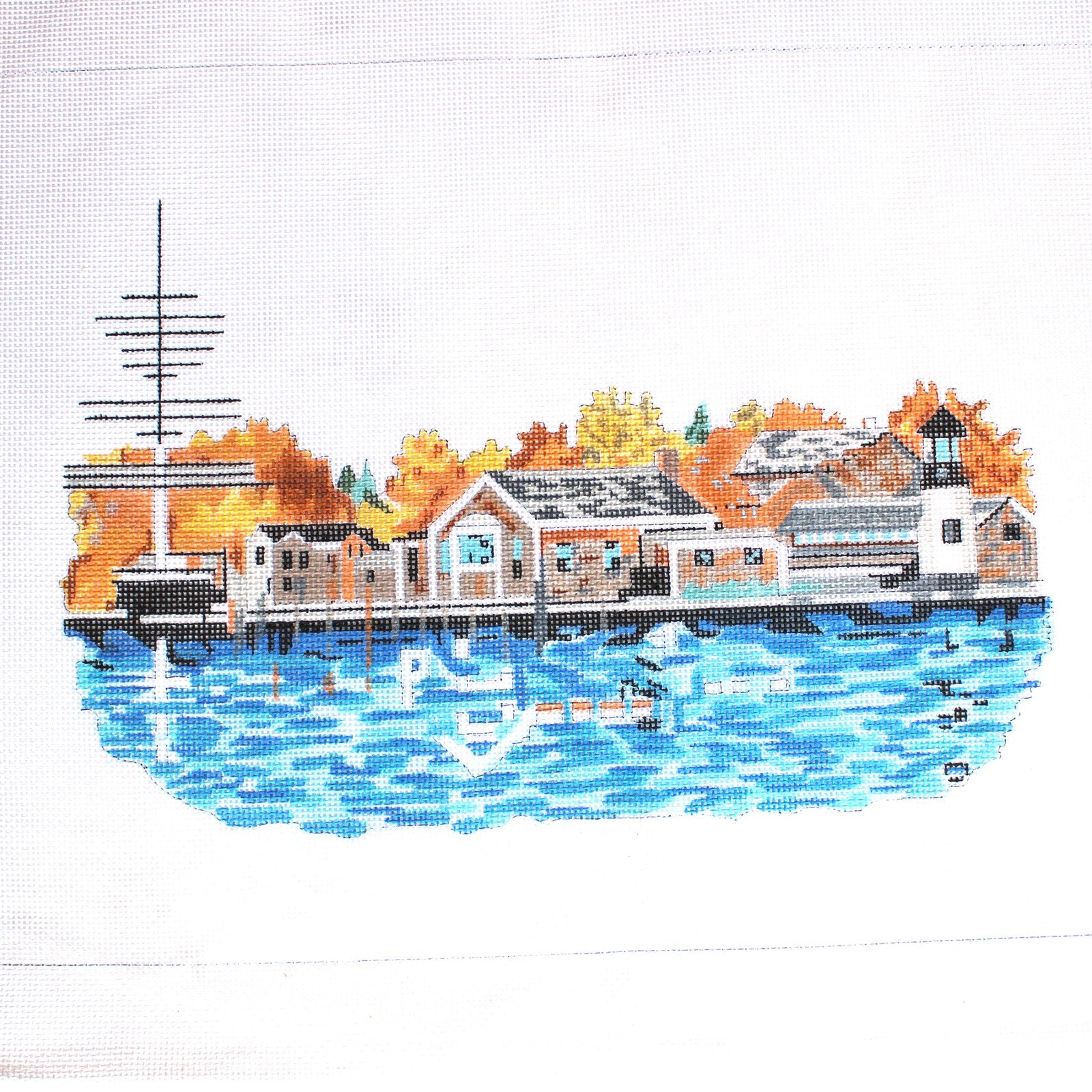 HP NEEDLEPOINT CANVAS: WATERFRONT PIER LIGHTHOUSE     BM0