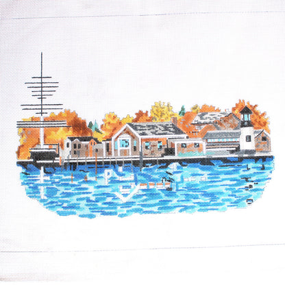 HP NEEDLEPOINT CANVAS: WATERFRONT PIER LIGHTHOUSE     BM0