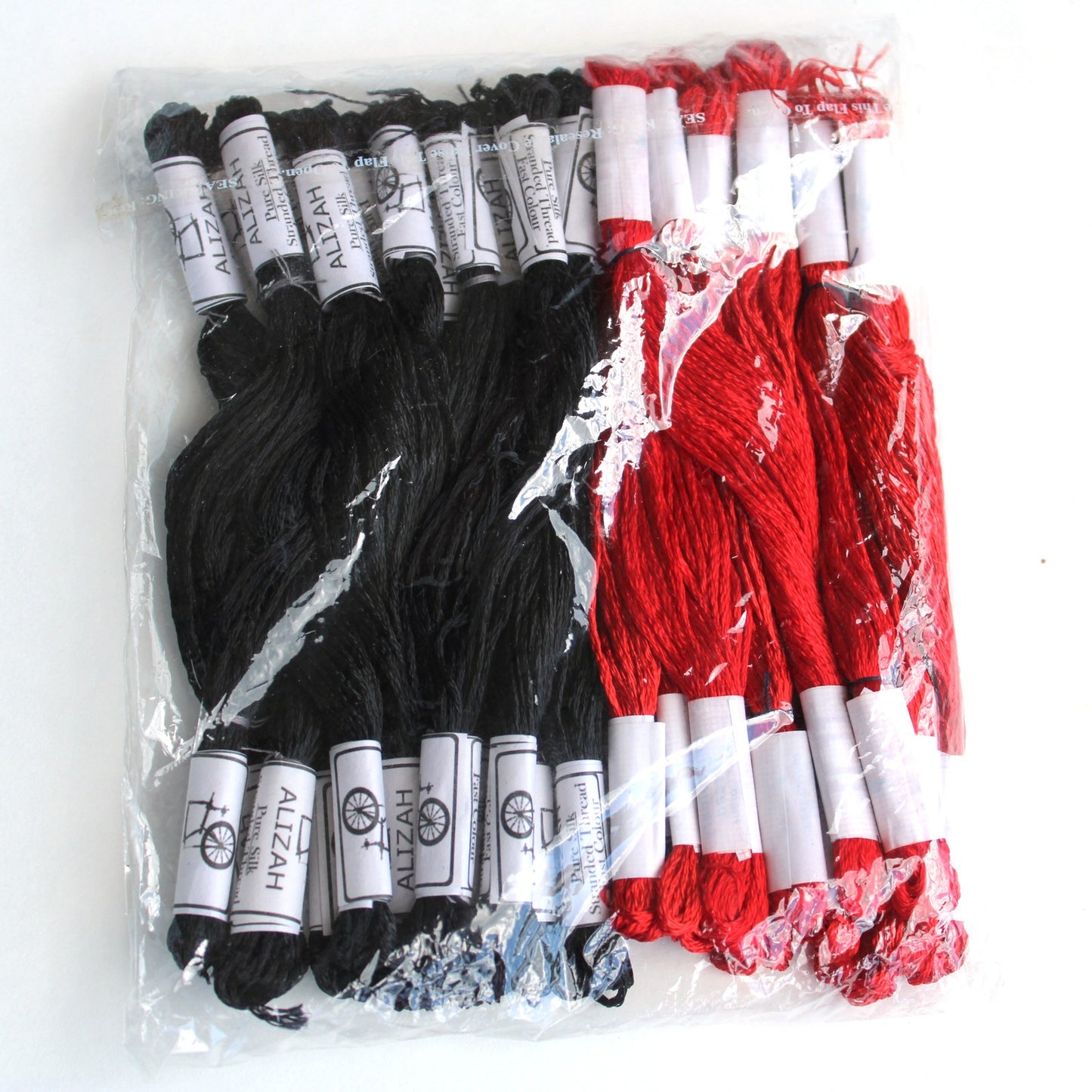 12 SKEINS ALIZAH & 12 SKEINS OASIS SILK THREADS:  RED, BLACK    BM0