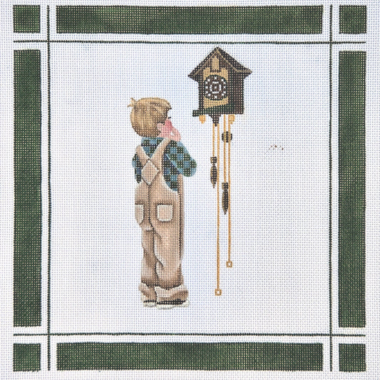 REBECCA HAND PAINTED NEEDLEPOINT CANVAS: BOY & CUCKOO CLOCK     BM0