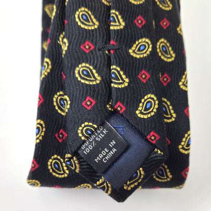 PREOWNED JOS.A.BANK MEN'S SILK TIE NECKTIE:  BLACK / GOLD/ RED PAISLEY2