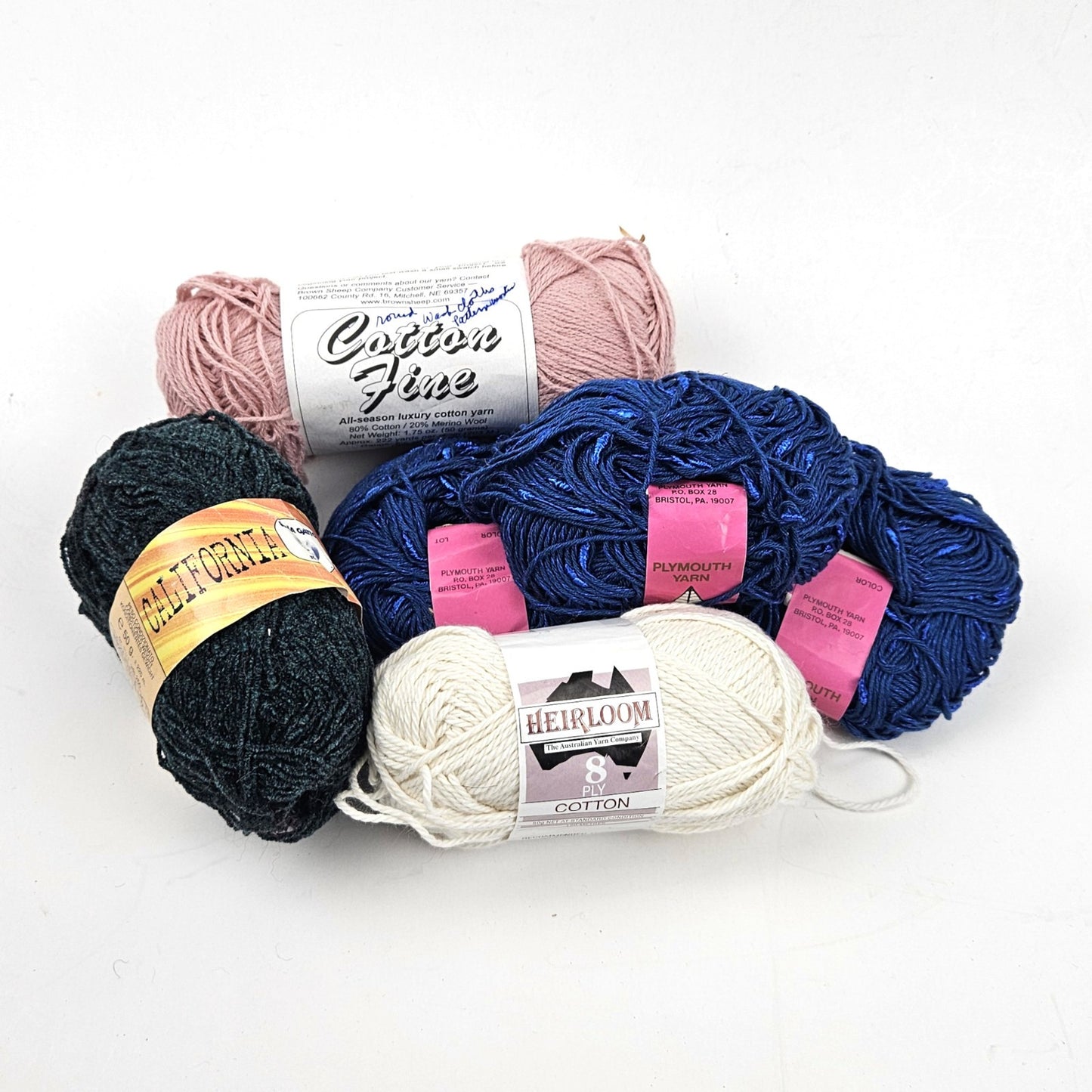 VARIETY COTTON YARN LOT:  11 OZ  PLYMOUTH YARN, LANA GATTO, BROWN SHEEP0